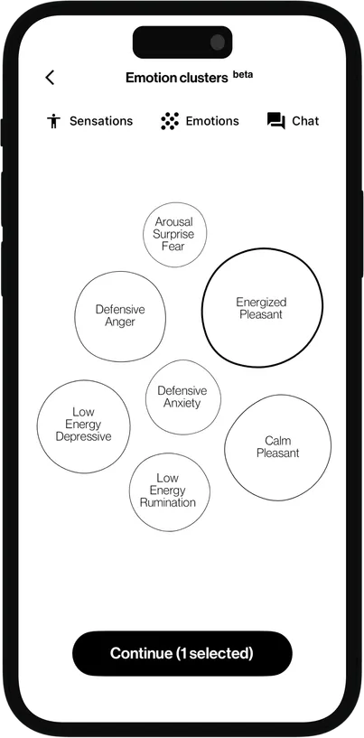 Example screen of the Animi application showing bodily symptom emotion identification tool for alexithymia
